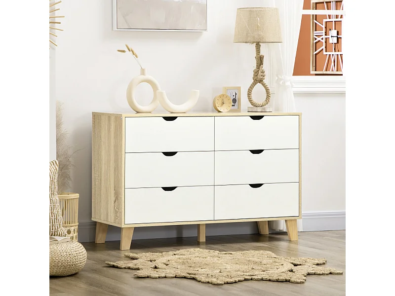 Commode 6 tiroirs design scandinave bois pin panneaux