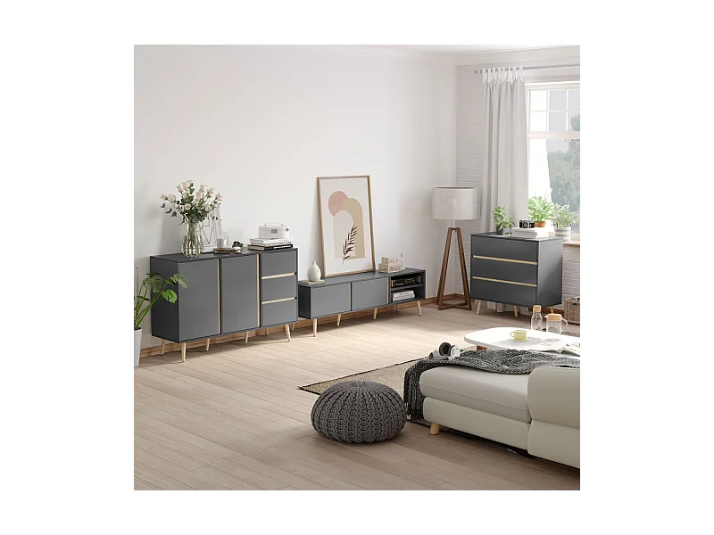 Commode 3 tiroirs design scandinave gris aspect bois clair