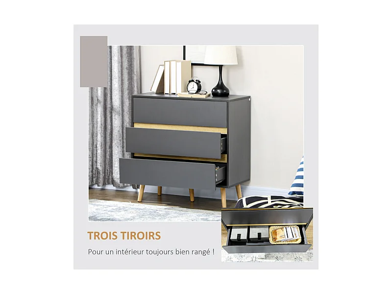 Commode 3 tiroirs design scandinave gris aspect bois clair