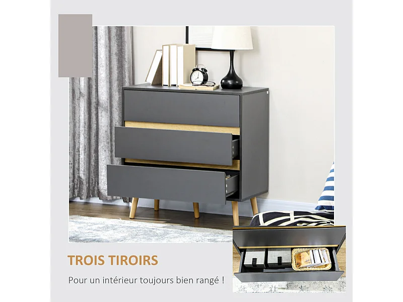 Commode 3 tiroirs design scandinave gris aspect bois clair