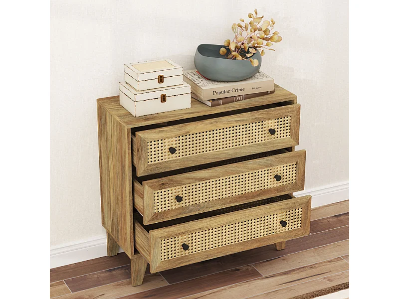 Commode 3 tiroirs style bohème chic cannage rotin aspect bois manguier