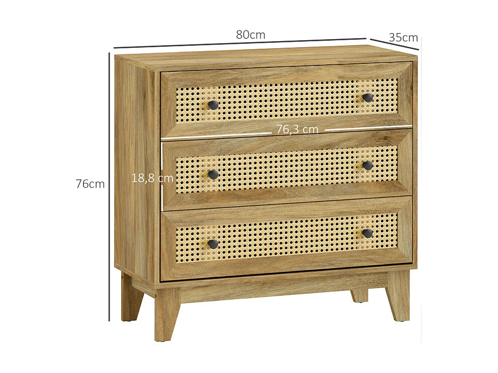 Commode 3 tiroirs style bohème chic cannage rotin aspect bois manguier