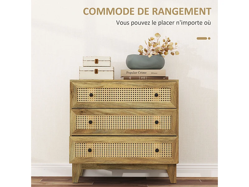 Commode 3 tiroirs style bohème chic cannage rotin aspect bois manguier