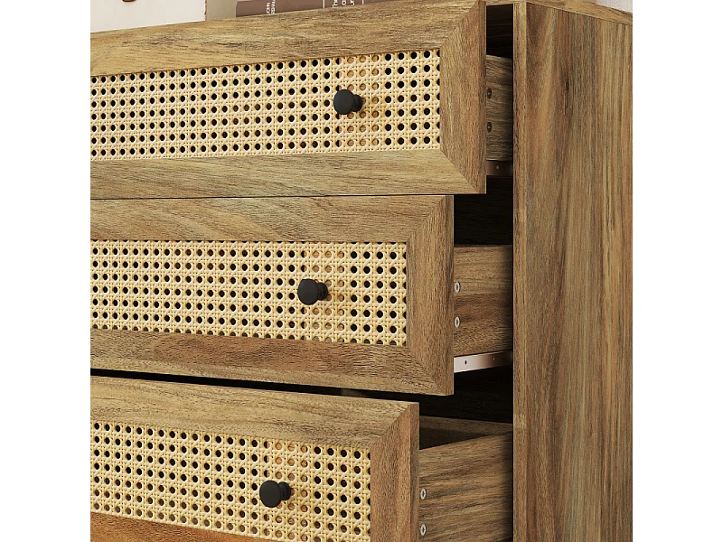 Commode 3 tiroirs style bohème chic cannage rotin aspect bois manguier