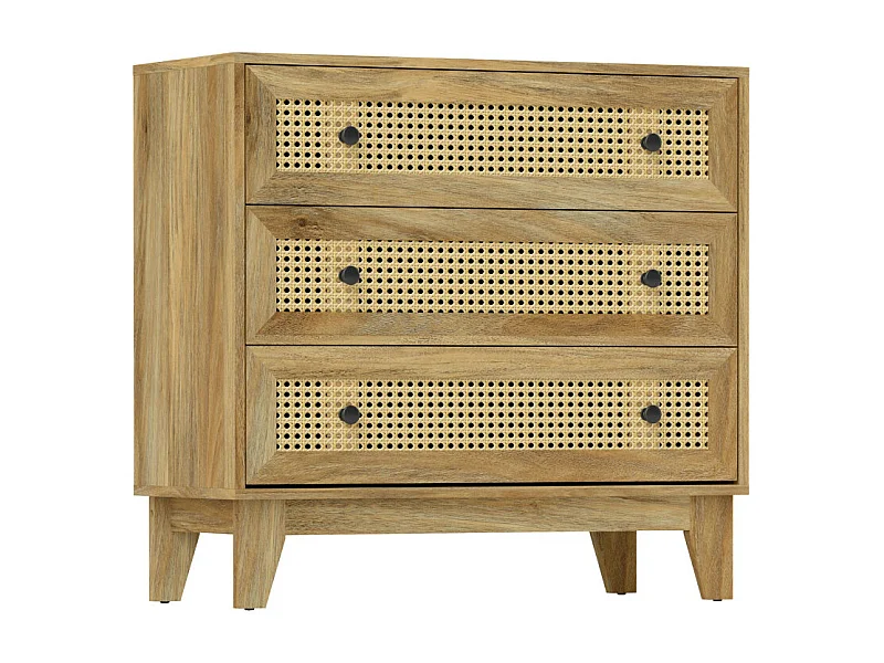 Commode 3 tiroirs style bohème chic cannage rotin aspect bois manguier