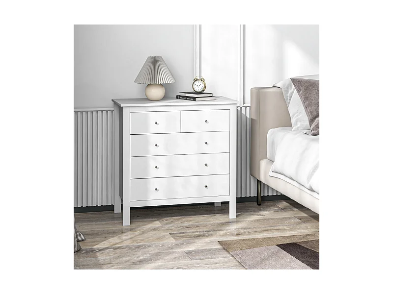 Commode 5 tiroirs style contemporain poignées boutons métal MDF blanc