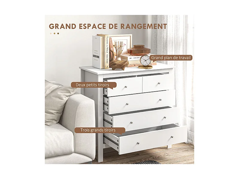 Commode 5 tiroirs style contemporain poignées boutons métal MDF blanc