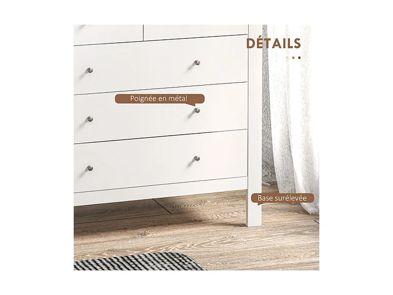 Commode 5 tiroirs style contemporain poignées boutons métal MDF blanc