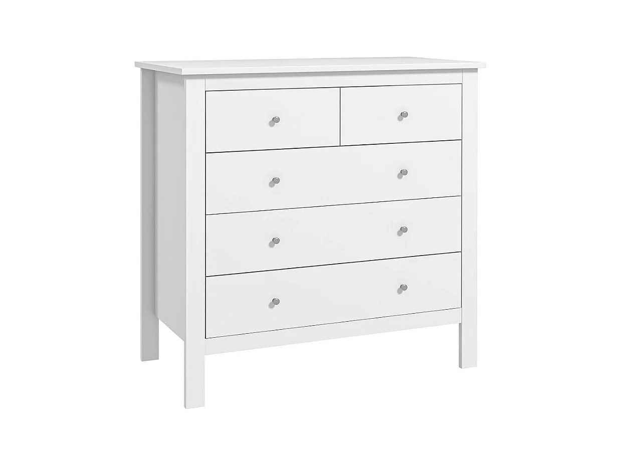 Commode 5 tiroirs style contemporain poignées boutons métal MDF blanc