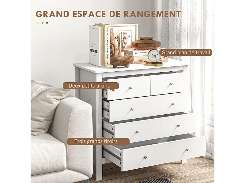 Commode 5 tiroirs style contemporain poignées boutons métal MDF blanc