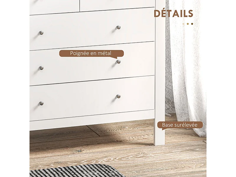 Commode 5 tiroirs style contemporain poignées boutons métal MDF blanc