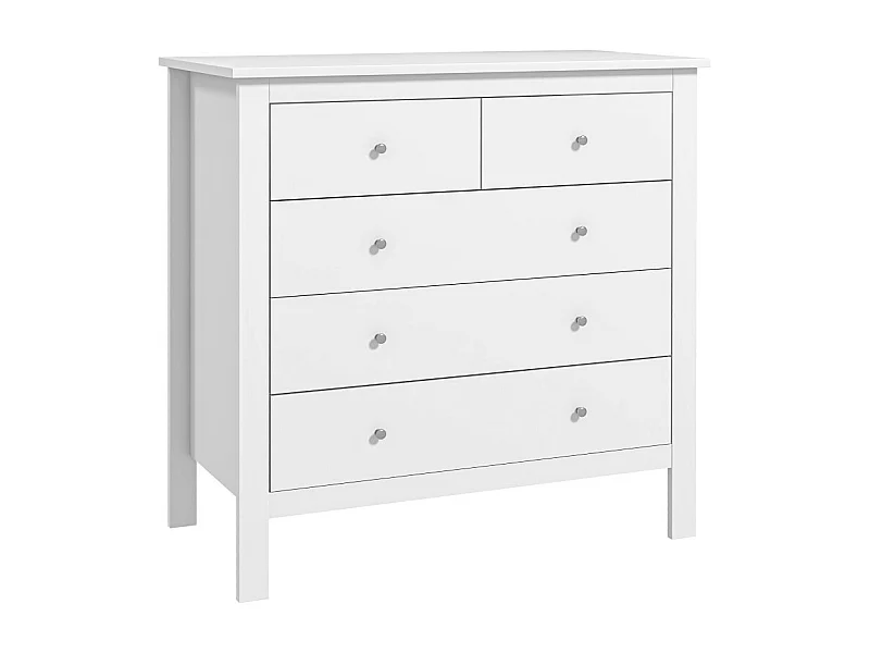 Commode 5 tiroirs style contemporain poignées boutons métal MDF blanc