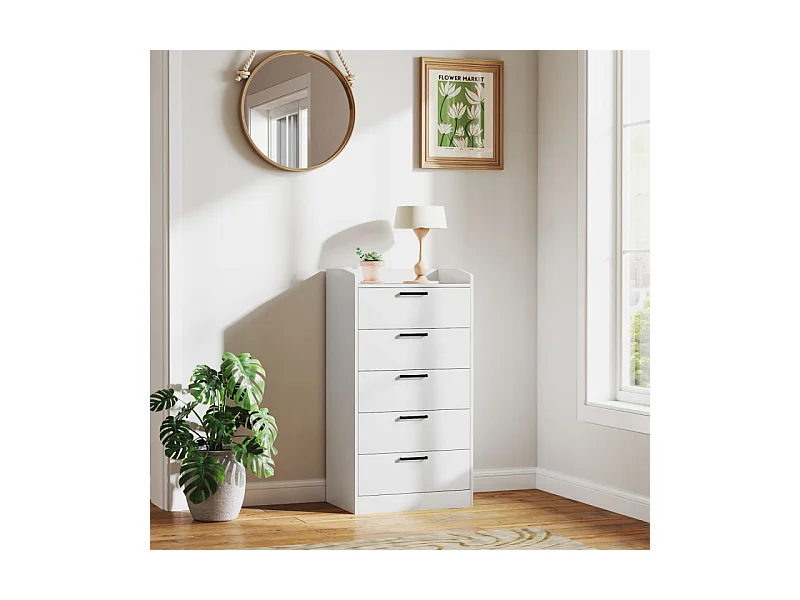 Commode 5 tiroirs et plateau - rangement bureau - poignées métal noir blanc