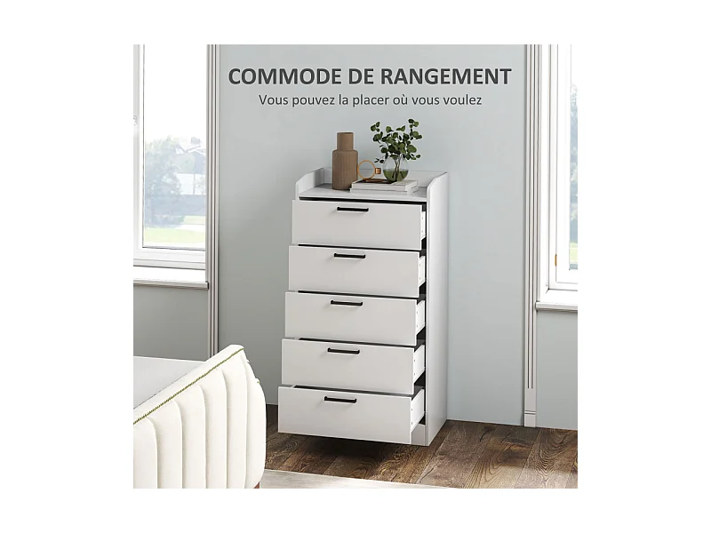 Commode 5 tiroirs et plateau - rangement bureau - poignées métal noir blanc