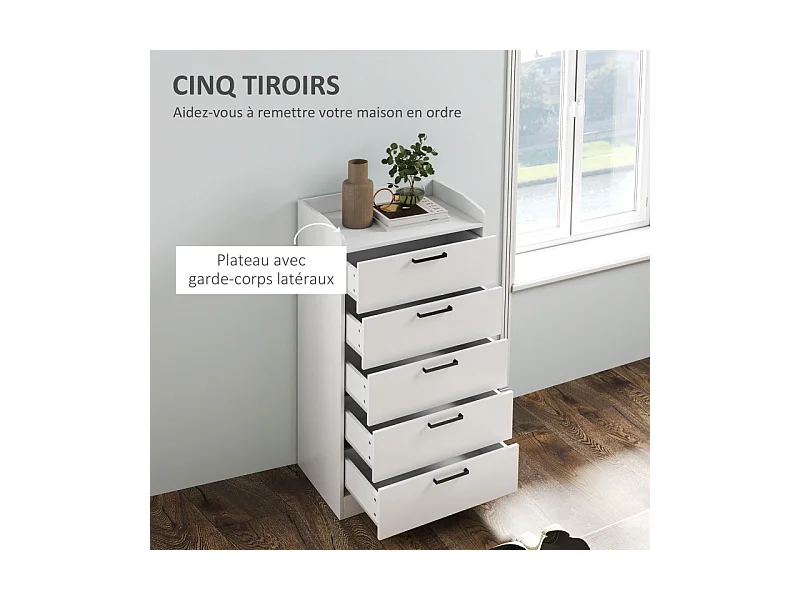 Commode 5 tiroirs et plateau - rangement bureau - poignées métal noir blanc