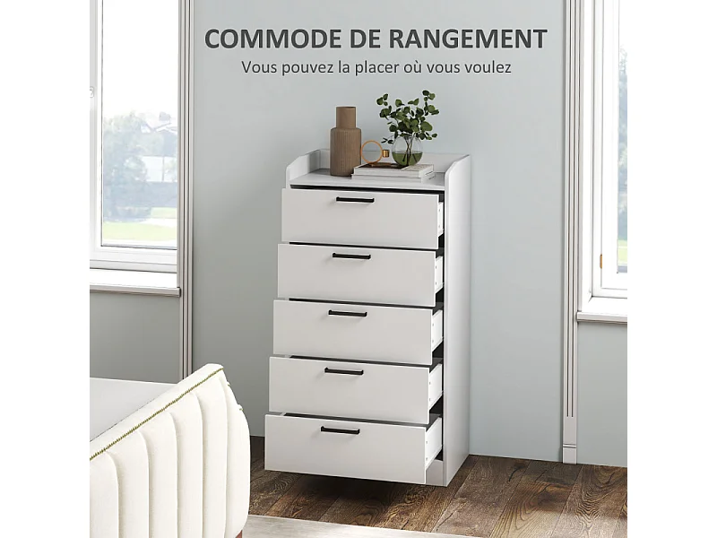 Commode 5 tiroirs et plateau - rangement bureau - poignées métal noir blanc