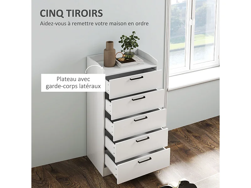 Commode 5 tiroirs et plateau - rangement bureau - poignées métal noir blanc