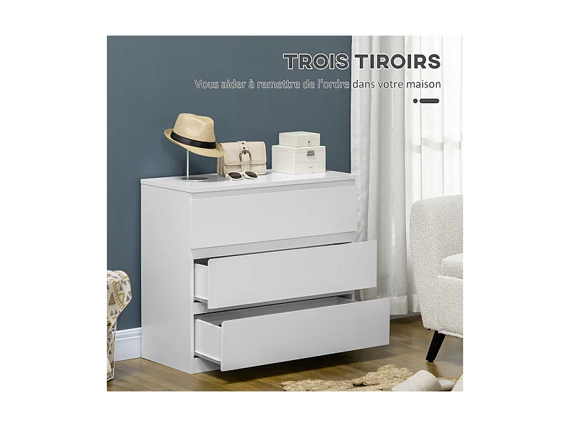 Commode 3 tiroirs coulissants dim. 80L x 39l x 73H cm blanc