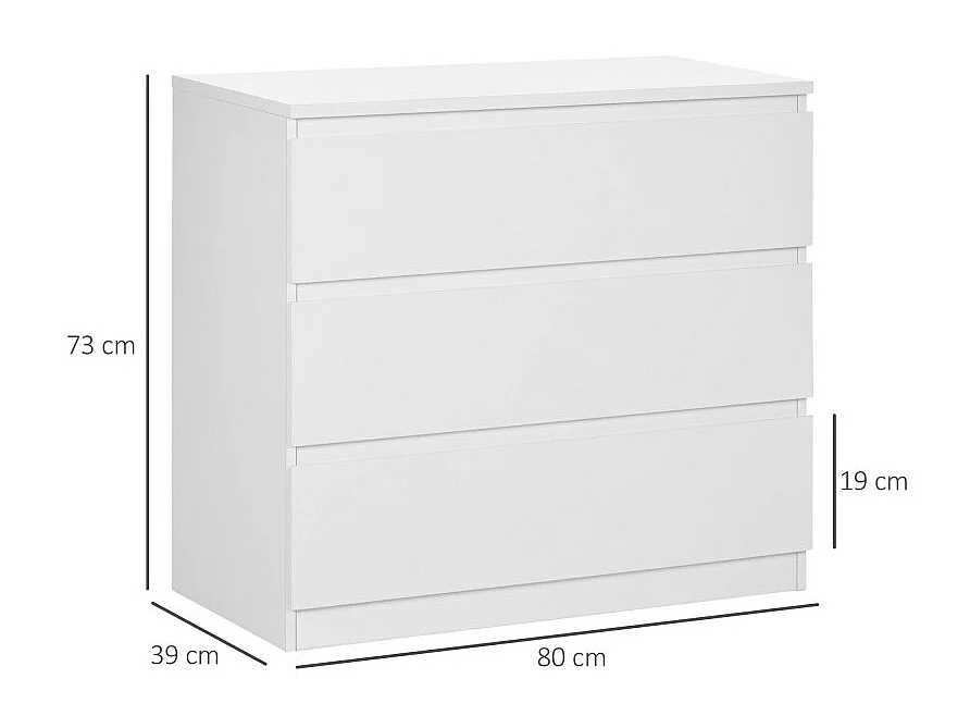Commode 3 tiroirs coulissants dim. 80L x 39l x 73H cm blanc