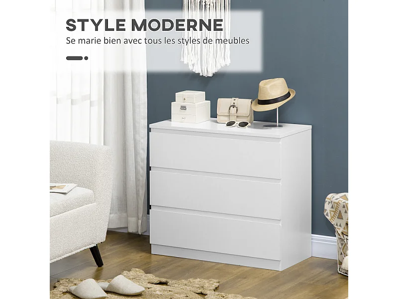 Commode 3 tiroirs coulissants dim. 80L x 39l x 73H cm blanc