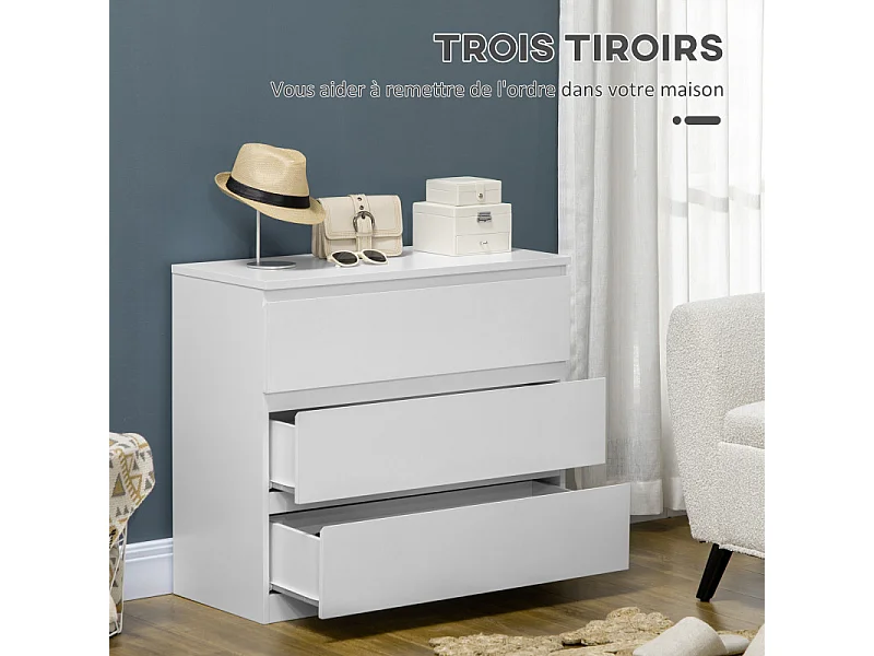 Commode 3 tiroirs coulissants dim. 80L x 39l x 73H cm blanc