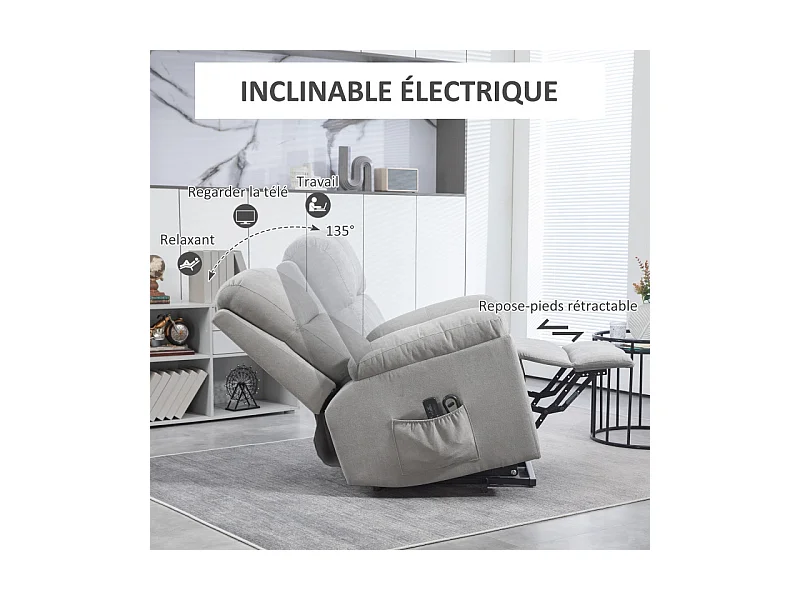 Fauteuil de massage releveur électrique réglable tissu gris clair