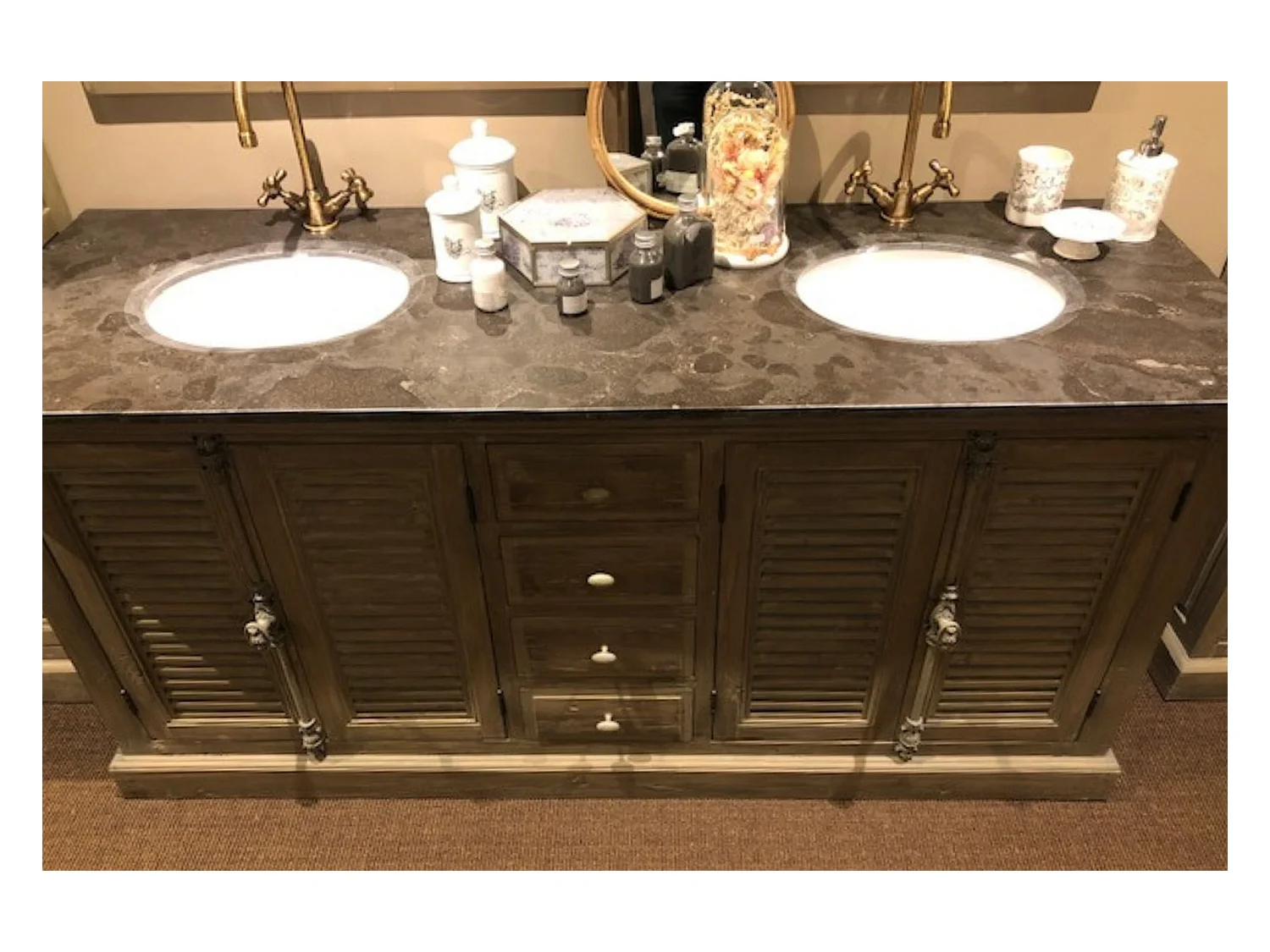 Meuble de salle de bain double vasque en bois et pierre L177 - HANOÏ