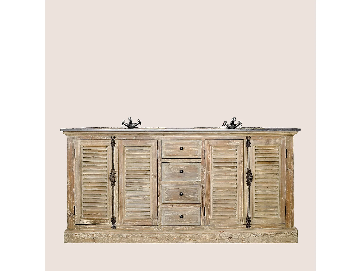 Meuble de salle de bain double vasque en bois et pierre L177 - HANOÏ