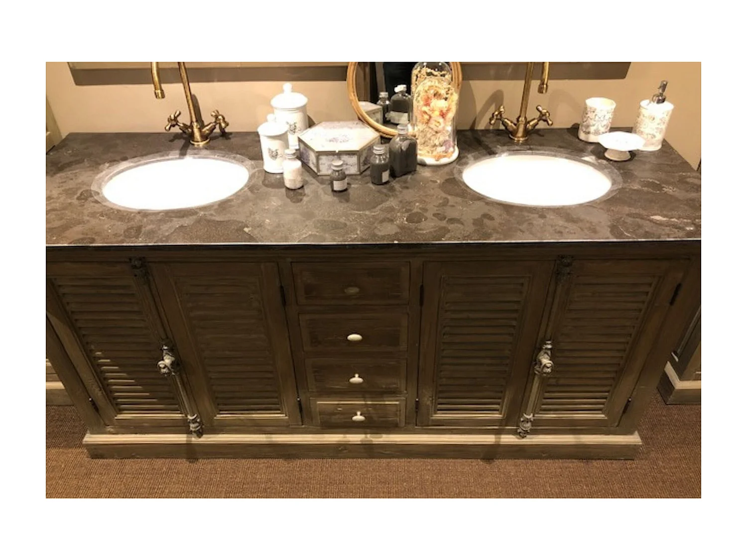 Meuble de salle de bain double vasque en bois et pierre L177 - HANOÏ