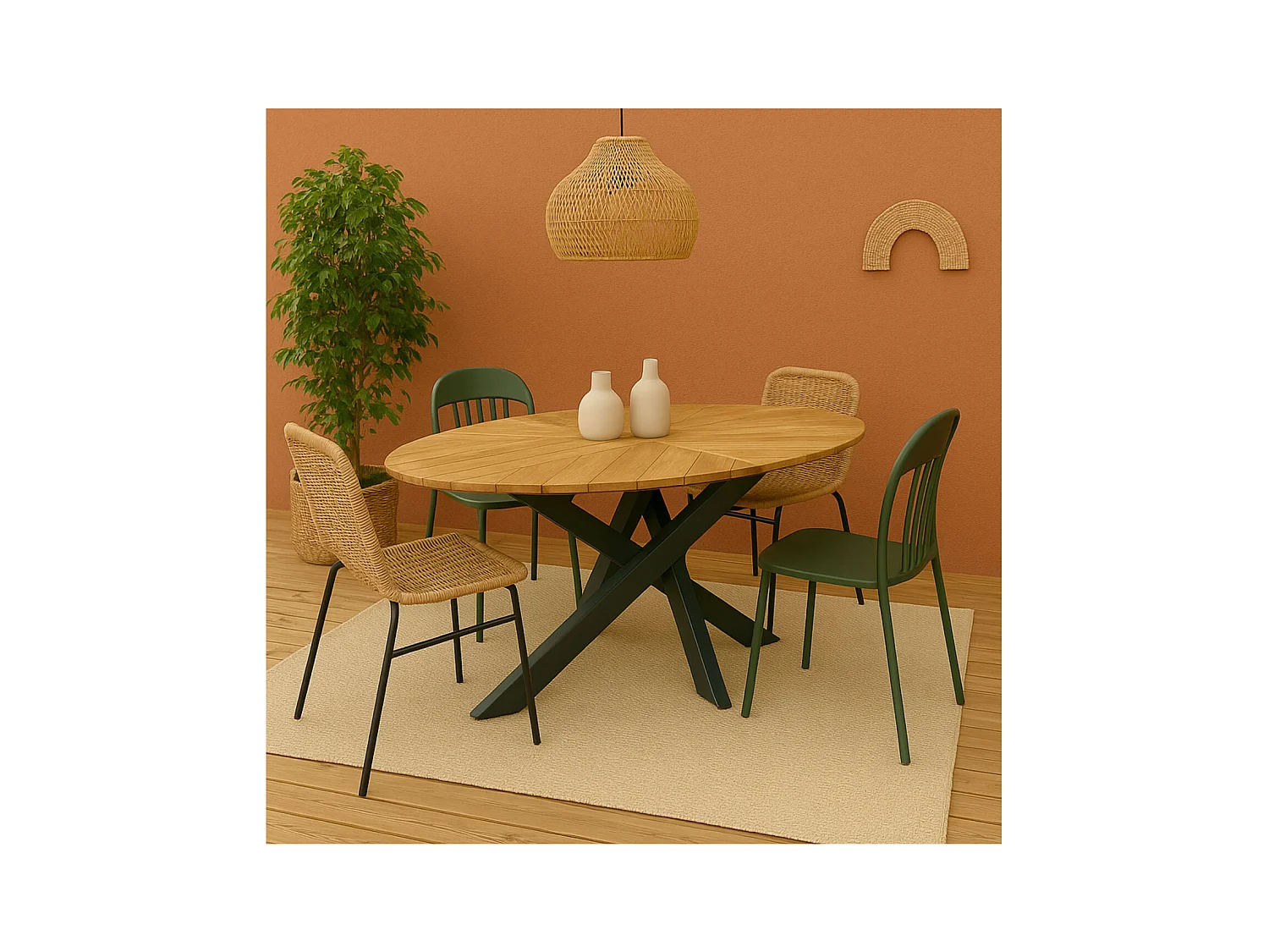 Table de jardin ovale en teck et métal noir L220 10 places - CAPO