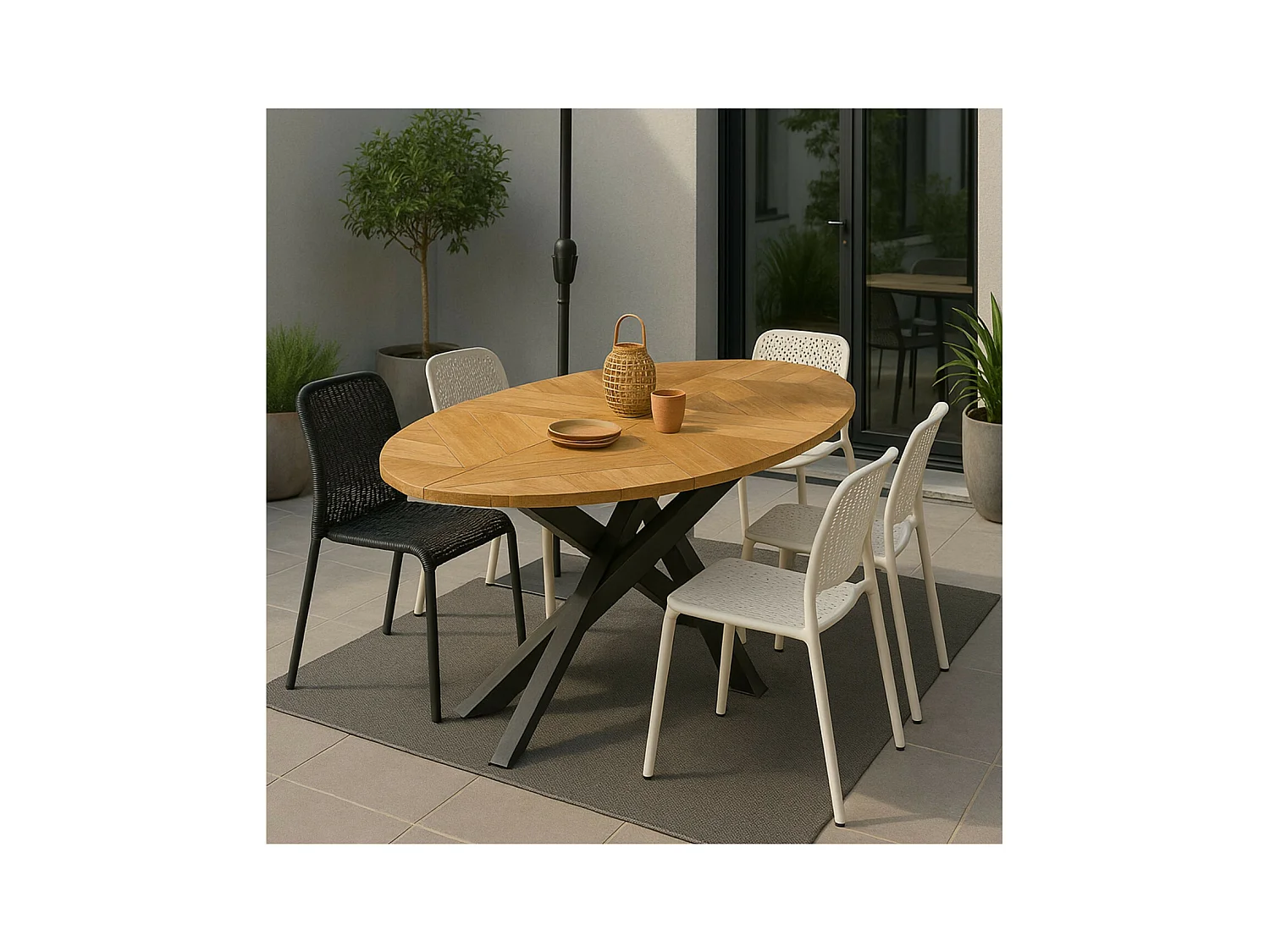 Table de jardin ovale en teck et métal noir L220 10 places - CAPO