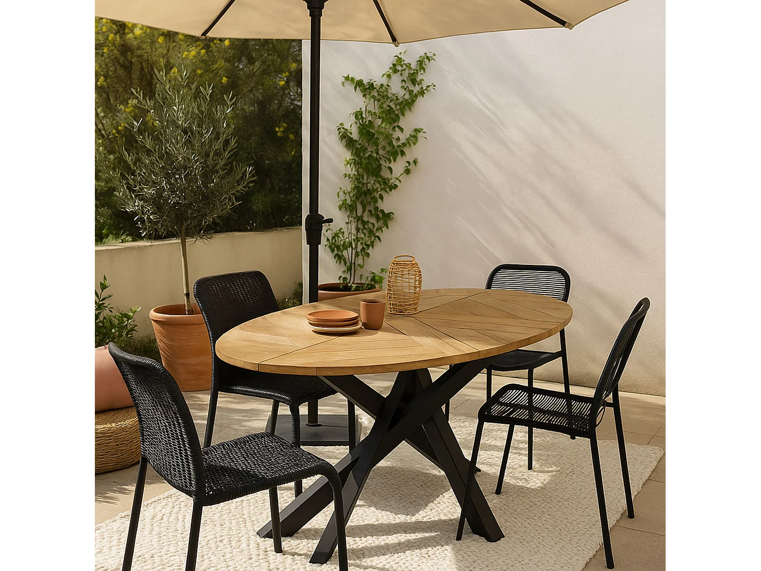 Table de jardin ovale en teck et métal noir L220 10 places - CAPO