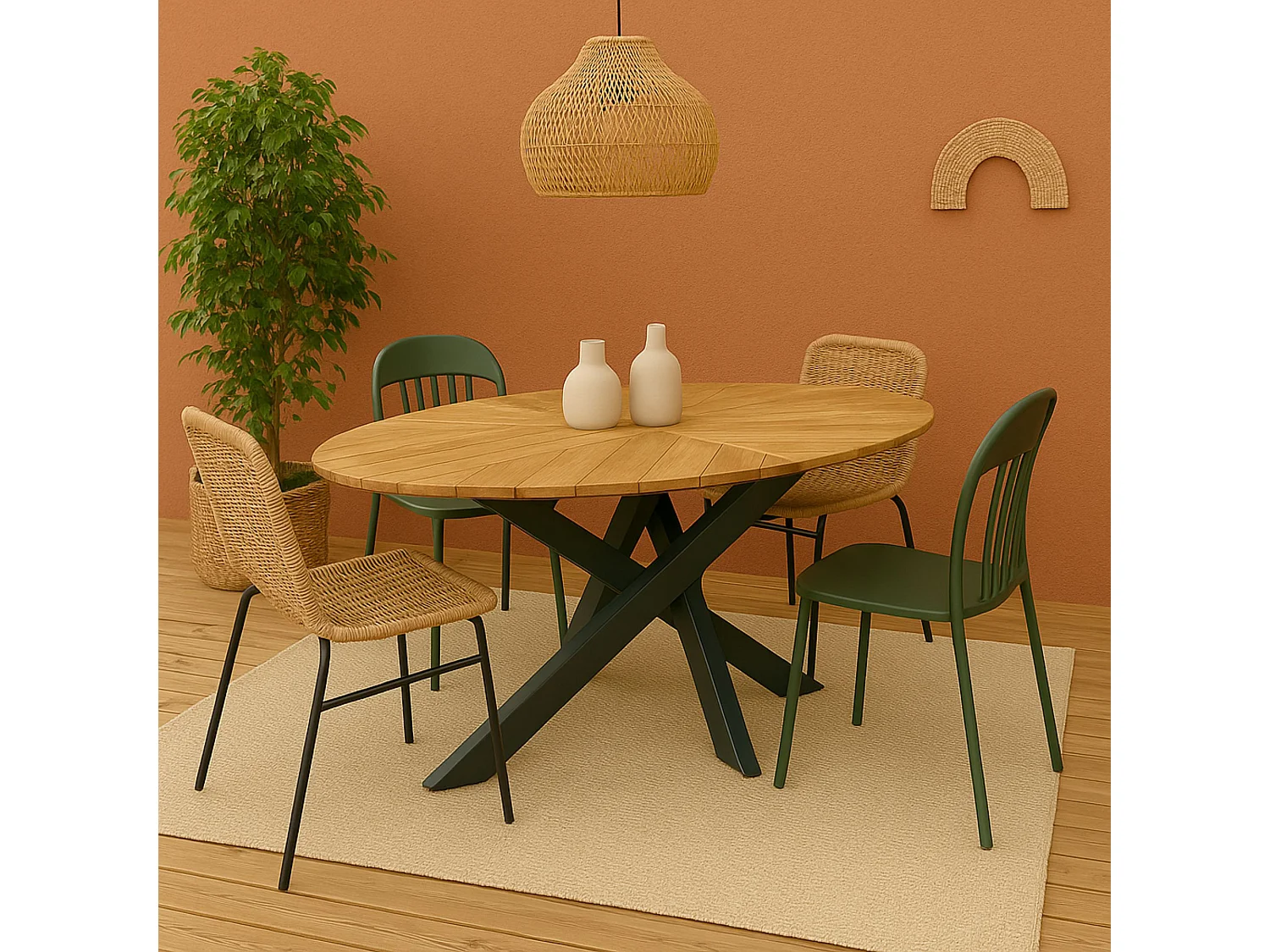 Table de jardin ovale en teck et métal noir L220 10 places - CAPO