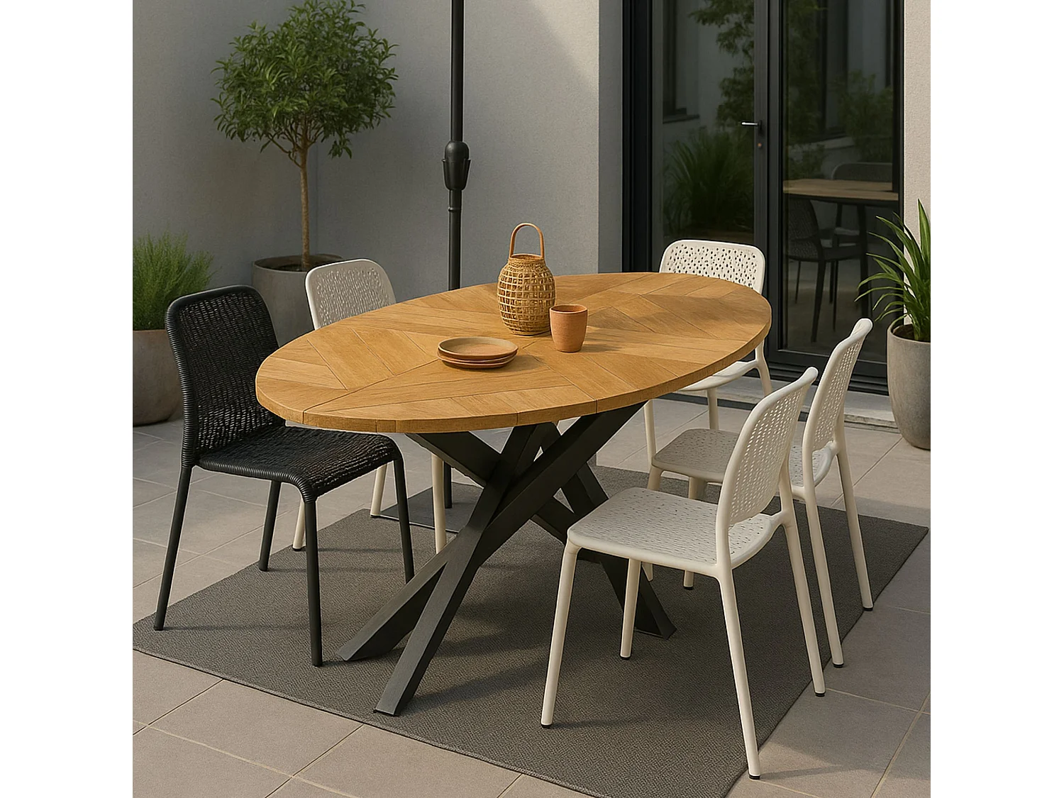 Table de jardin ovale en teck et métal noir L220 10 places - CAPO