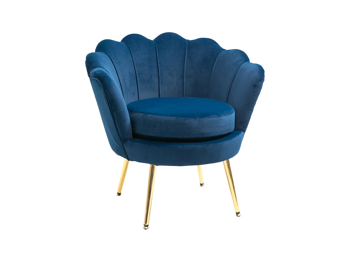 Fauteuil design coquillage pieds métal doré velours
