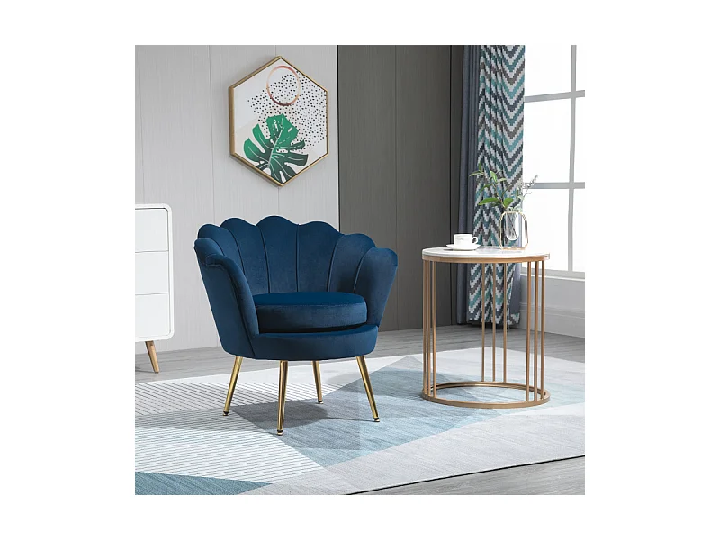 Fauteuil design coquillage pieds métal doré velours