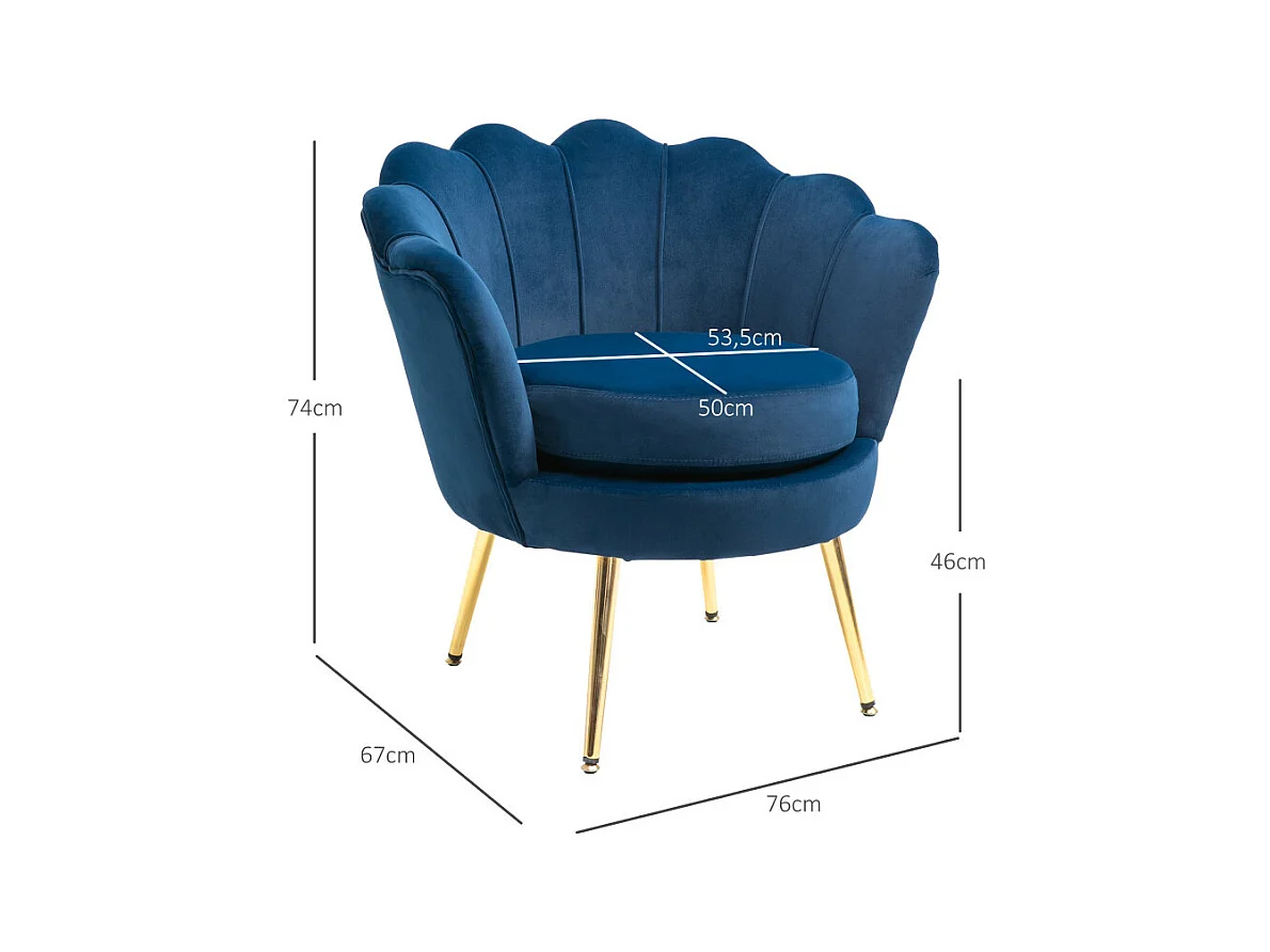 Fauteuil design coquillage pieds métal doré velours