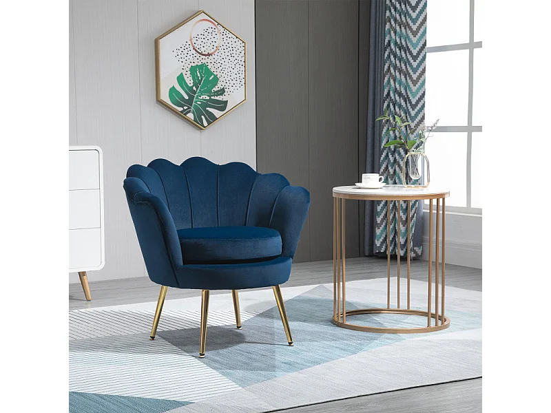 Fauteuil design coquillage pieds métal doré velours