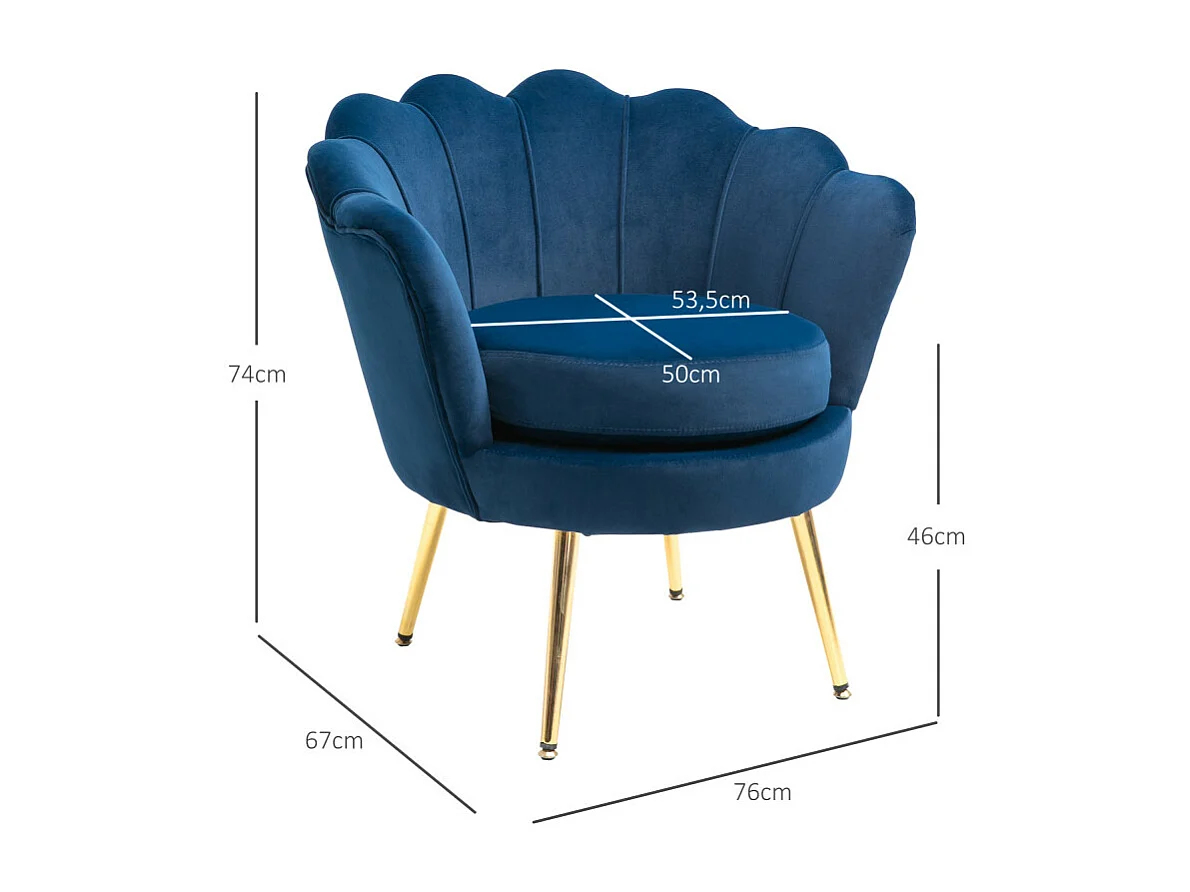 Fauteuil design coquillage pieds métal doré velours