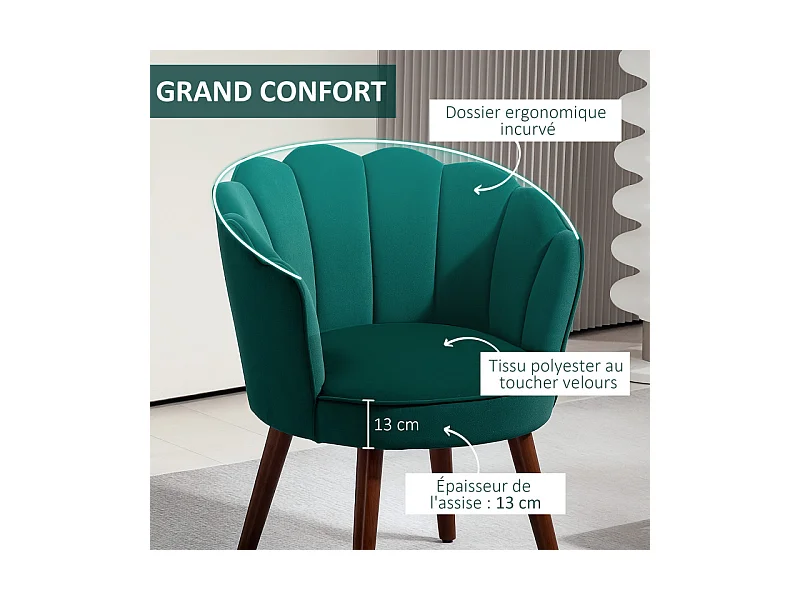 Fauteuil design coquillage piètement bois hévéa velours