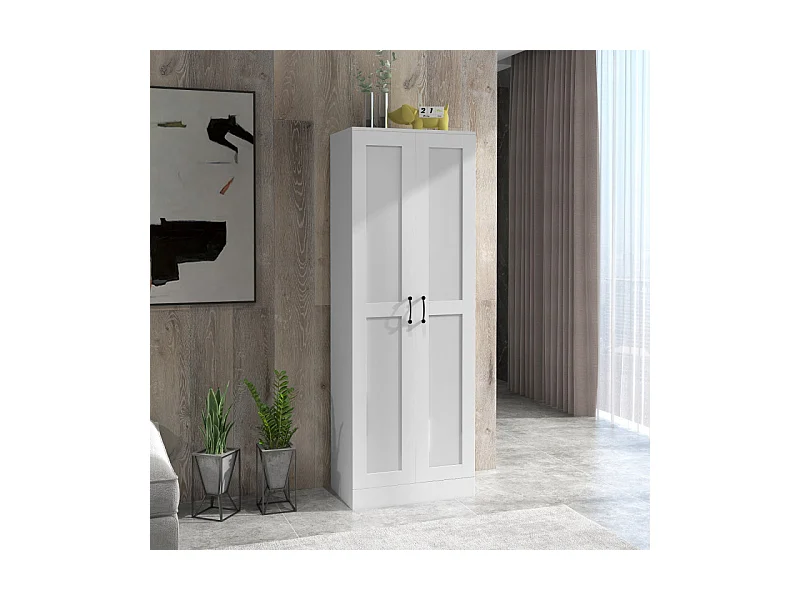 Armoire 2 portes 4 étagères poignées métal noir panneaux blanc