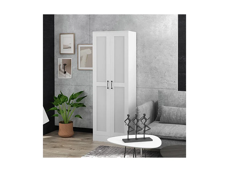 Armoire 2 portes 4 étagères poignées métal noir panneaux blanc