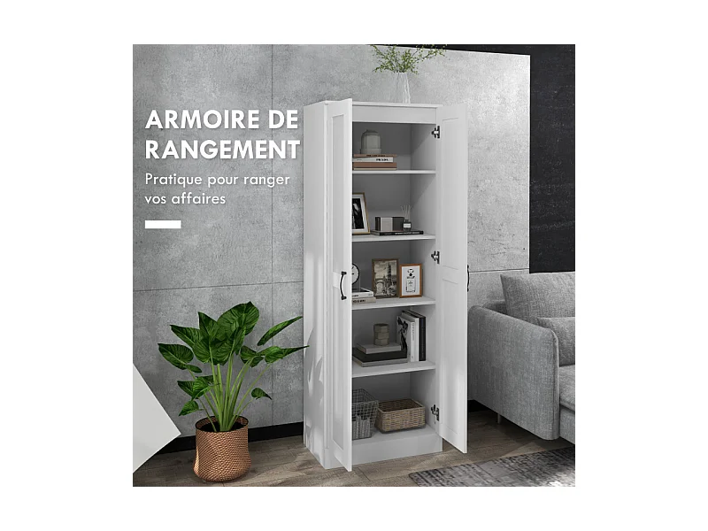 Armoire 2 portes 4 étagères poignées métal noir panneaux blanc