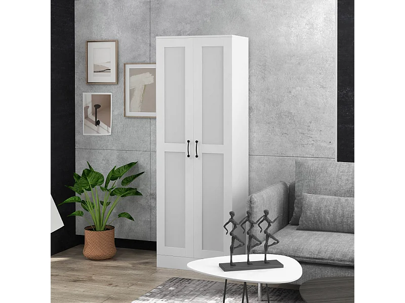 Armoire 2 portes 4 étagères poignées métal noir panneaux blanc
