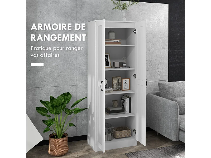 Armoire 2 portes 4 étagères poignées métal noir panneaux blanc