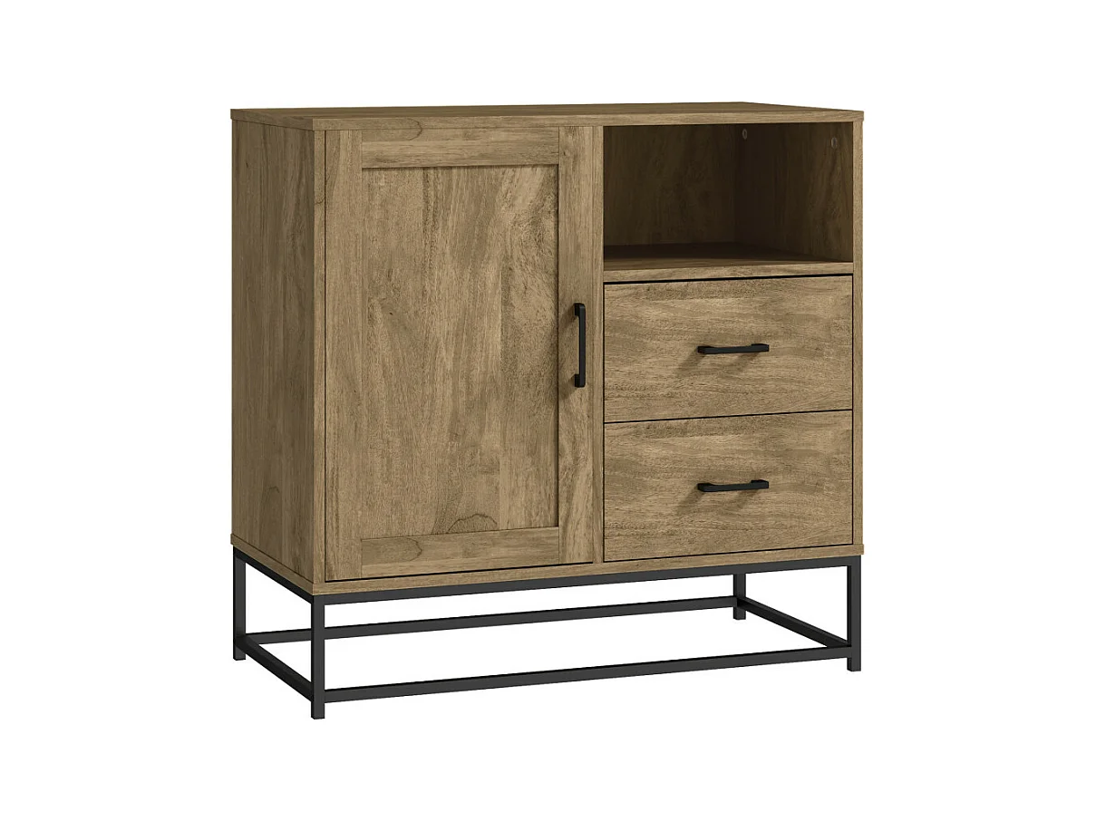 Buffet effet bois exotique 2 tiroirs niche porte étagère métal noir