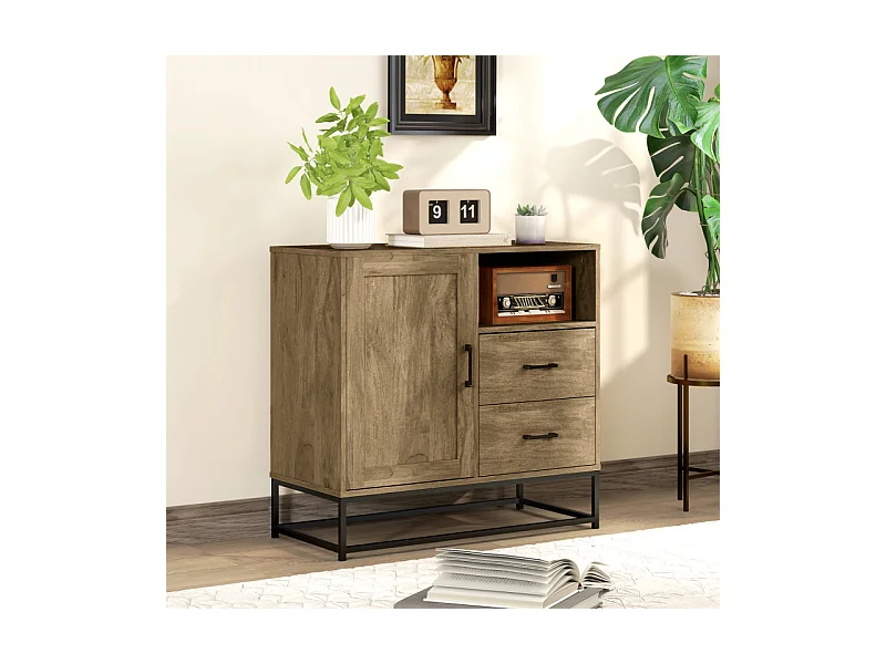 Buffet effet bois exotique 2 tiroirs niche porte étagère métal noir