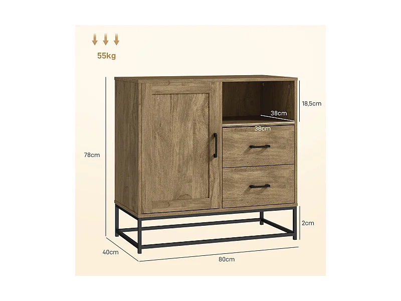 Buffet effet bois exotique 2 tiroirs niche porte étagère métal noir