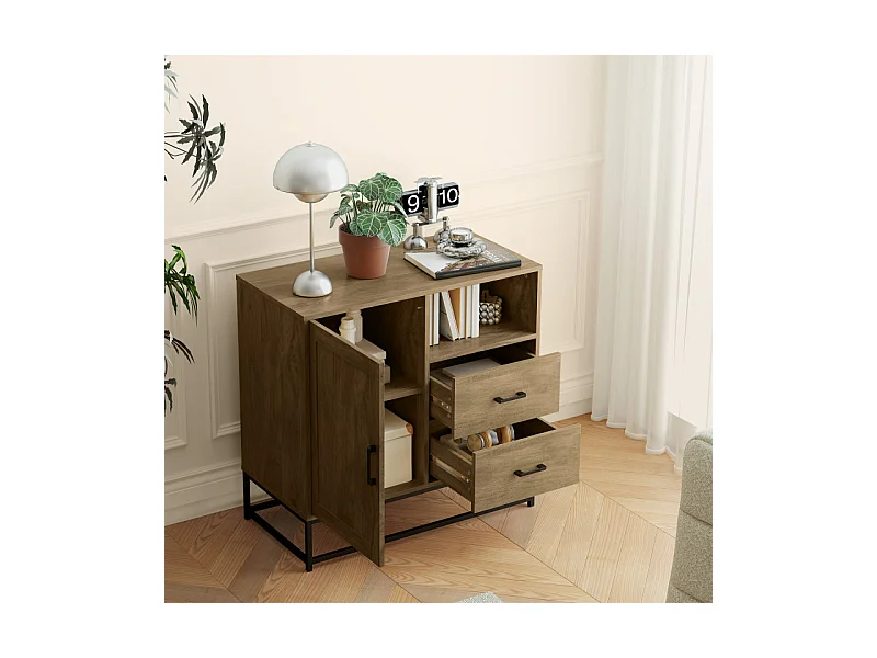 Buffet effet bois exotique 2 tiroirs niche porte étagère métal noir