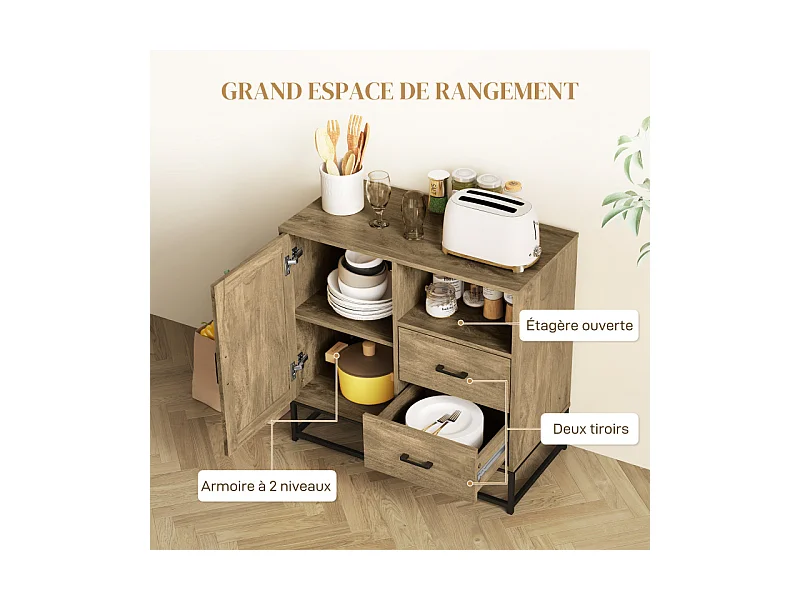 Buffet effet bois exotique 2 tiroirs niche porte étagère métal noir